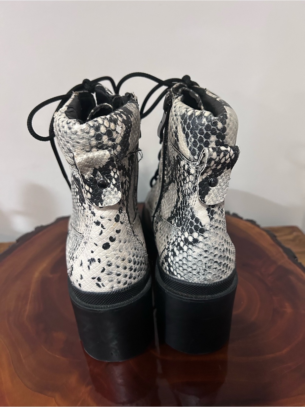 Madden Girl Black and White Snake-Print Combat Boots - Picture 4 of 14